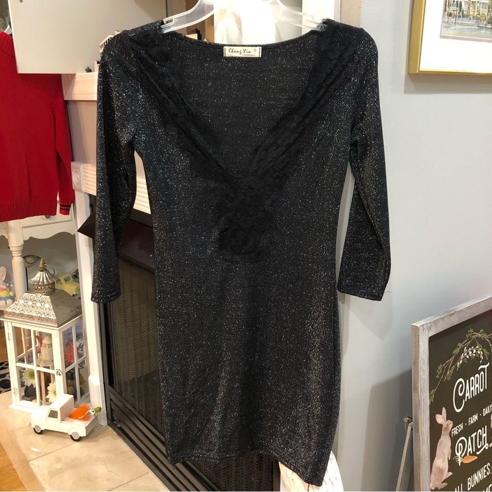 Vintage Y2K Shimmer Glitter Lace 3/4 Sleeve Bodycon Dress